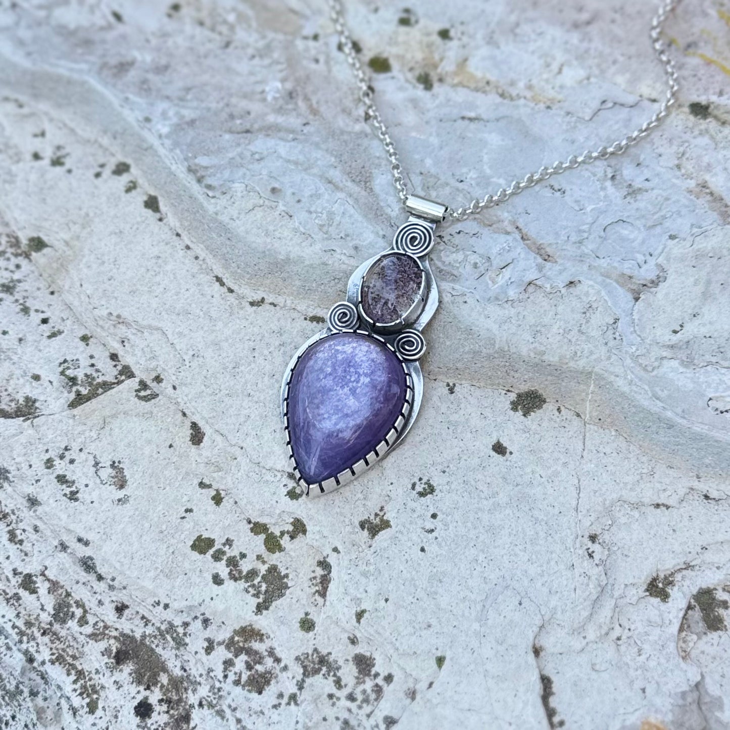 Lepidolite Garden Quartz | Triple Spiral Necklace