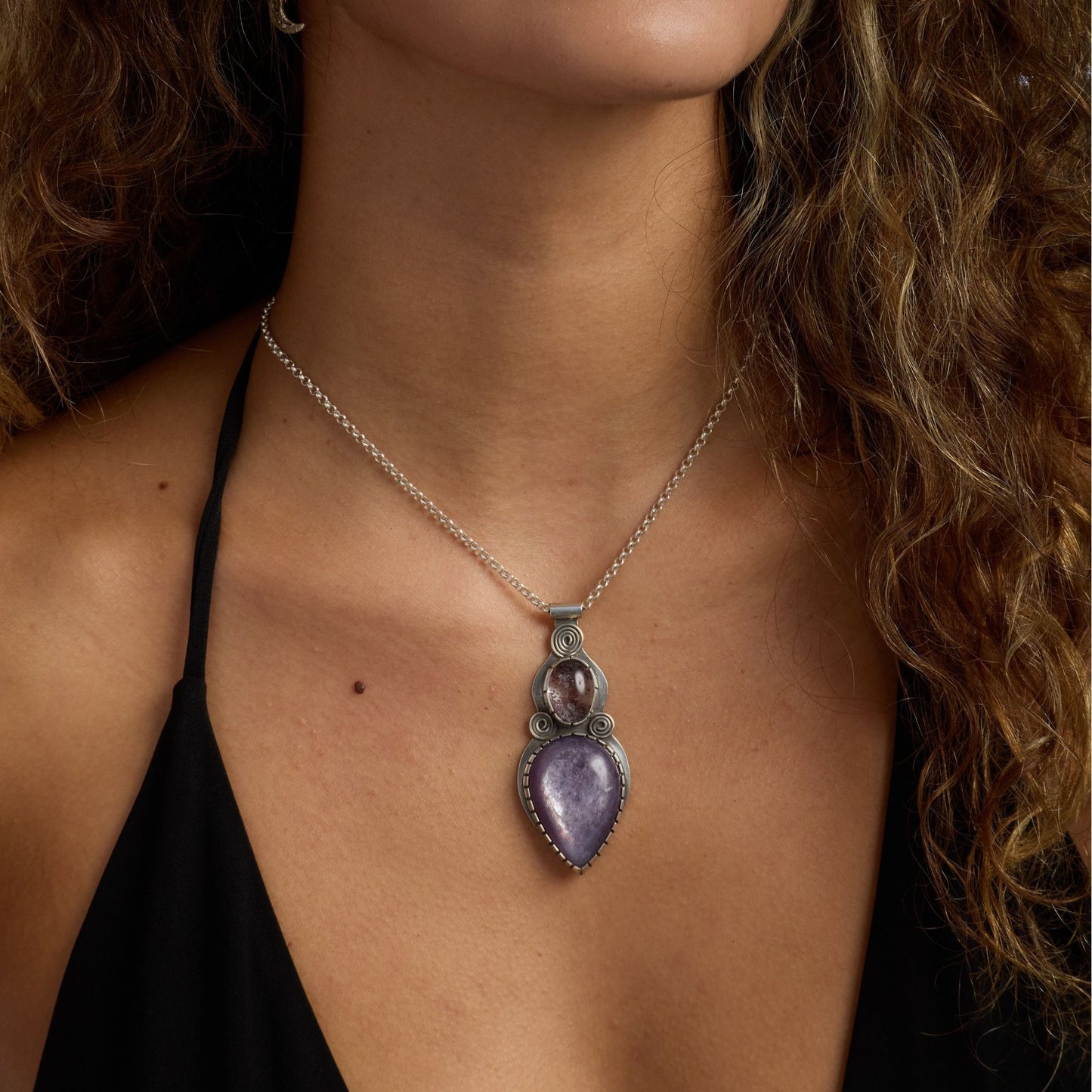 Lepidolite Garden Quartz | Triple Spiral Necklace