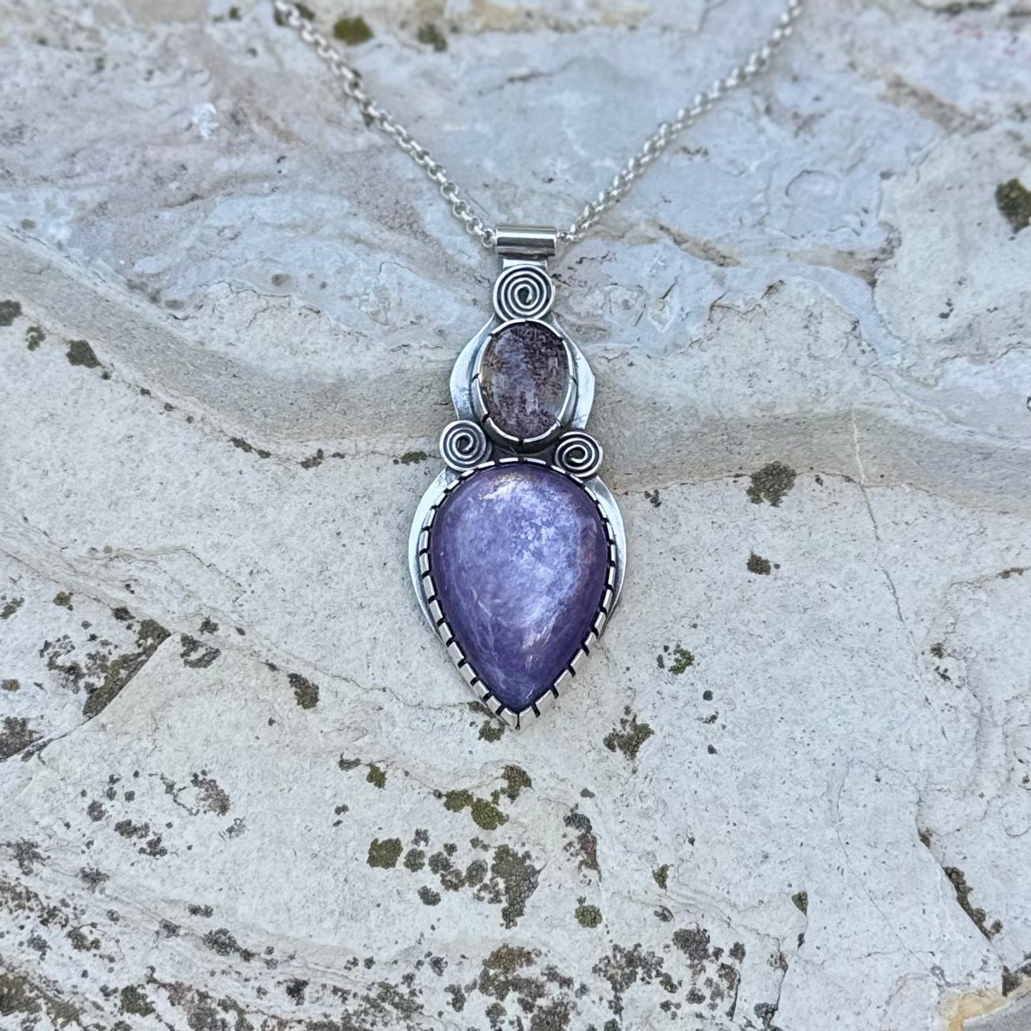 Lepidolite Garden Quartz | Triple Spiral Necklace