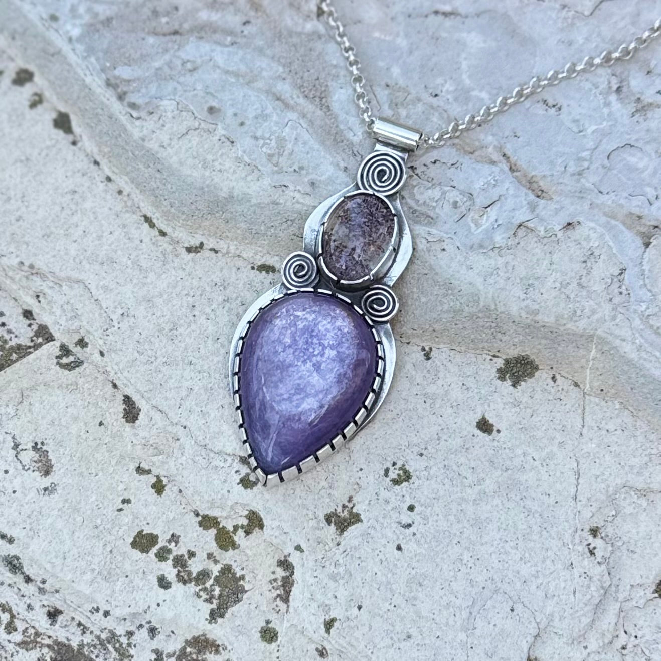 Lepidolite Garden Quartz | Triple Spiral Necklace