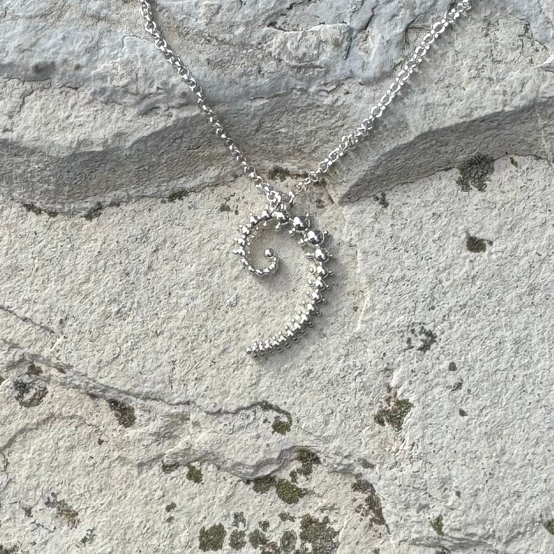 A silver spiral fibonacci pendant necklace on a matching chain, displayed on a textured gray stone surface.