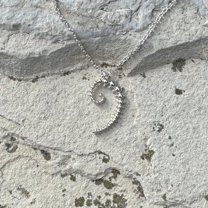 A silver spiral fibonacci pendant necklace on a matching chain, displayed on a textured gray stone surface.
