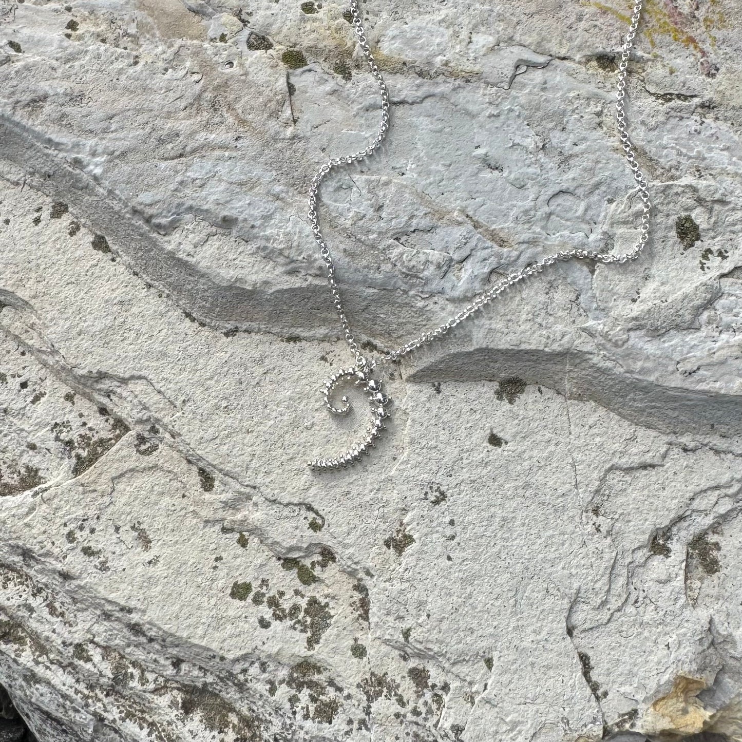 A silver necklace with a spiral fibonacci pendant, laid out on a textured light gray stone surface.