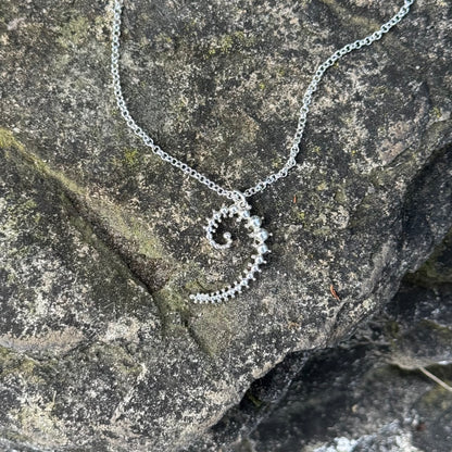 A silver necklace with a spiral fibonacci pendant, displayed on a textured dark gray rock surface.