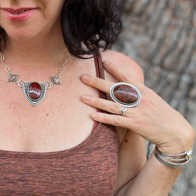 woman wearingLarge High Domed Mahogany jasper sterling silver ring